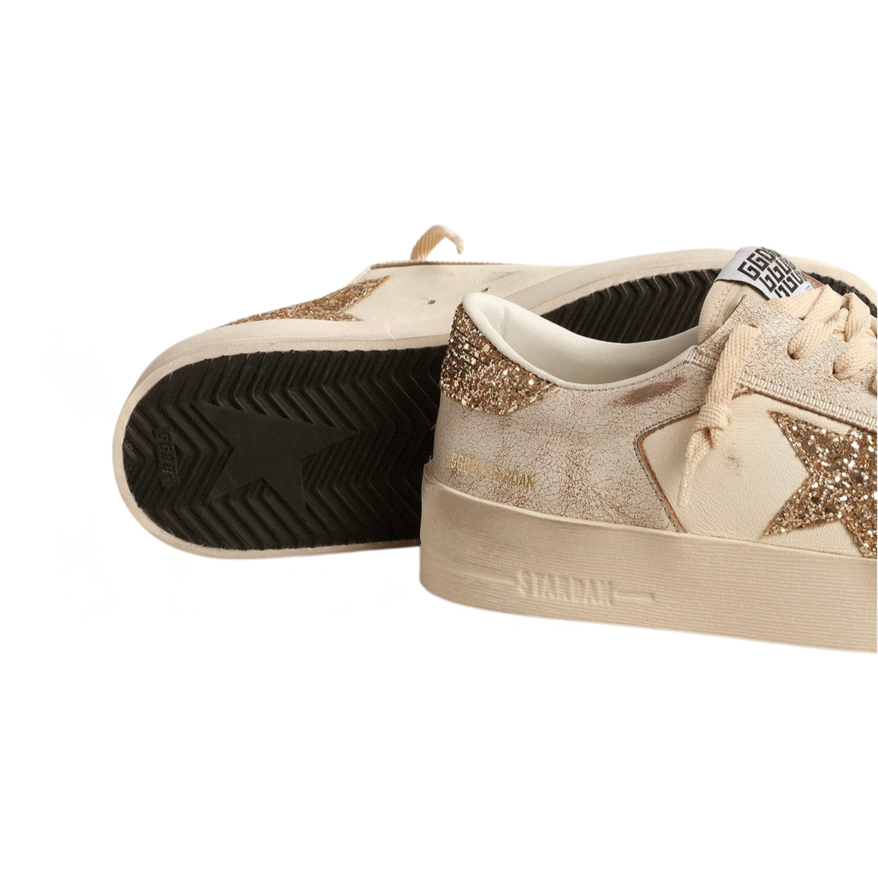 Golden Goose Stardan in ecru nappa leather with gold glitter star and heel tab(Women's)