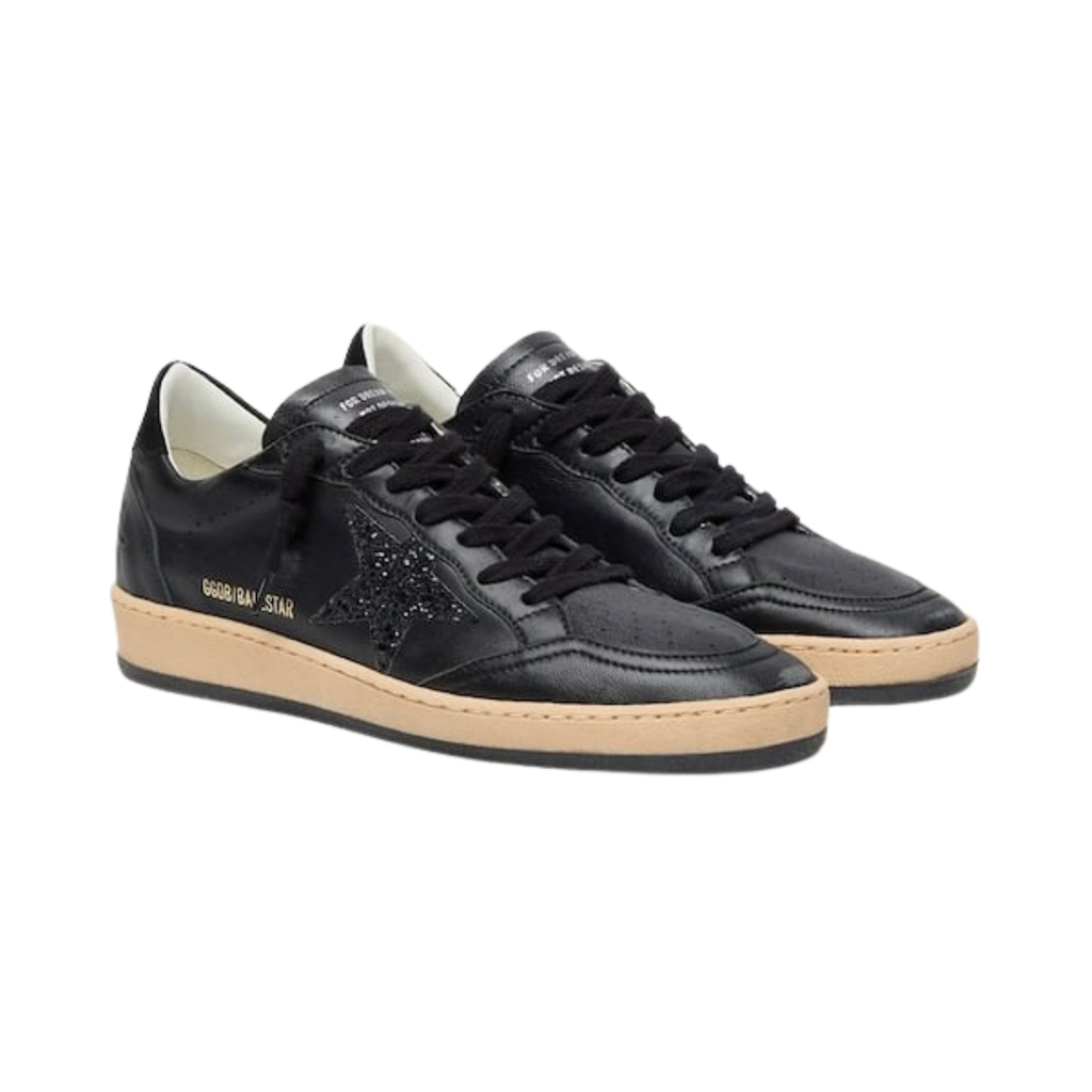 Golden Goose Ball Star in black nappa with black glitter star and suede heel tab(women)