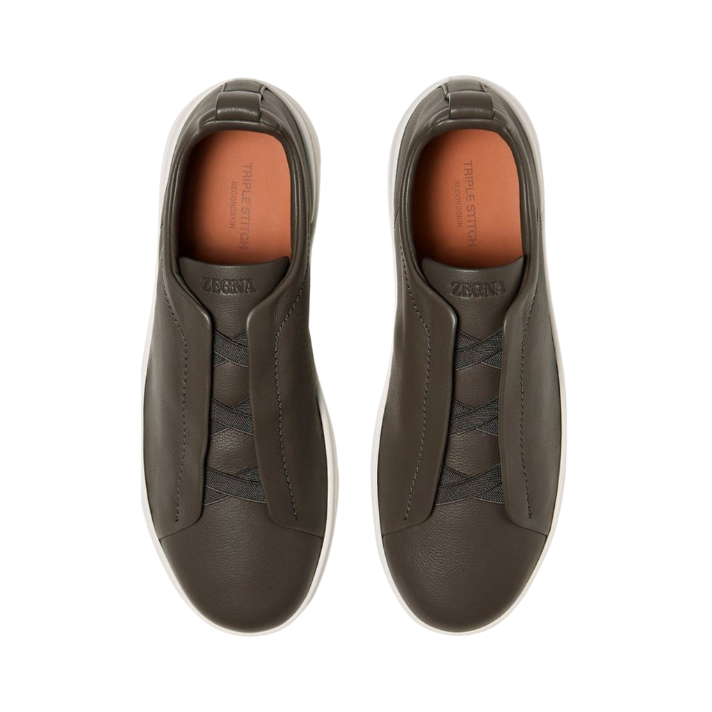 ZEGNA Triple Stitch SECONDSKIN Leather Sneakers Dark Taupe