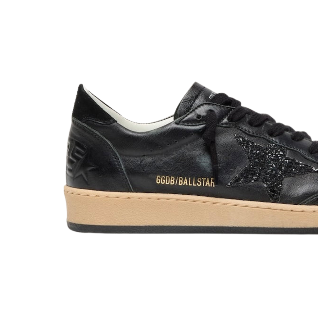 Golden Goose Ball Star in black nappa with black glitter star and suede heel tab(women)