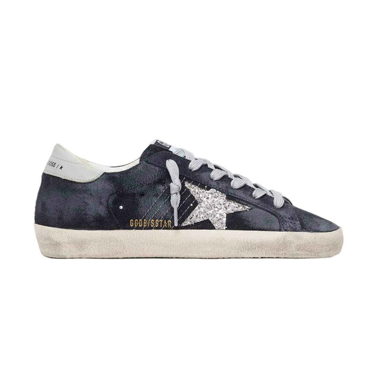 Golden Goose Super-Star in blue suede with silver glitter star and leather heel tab(Women's)