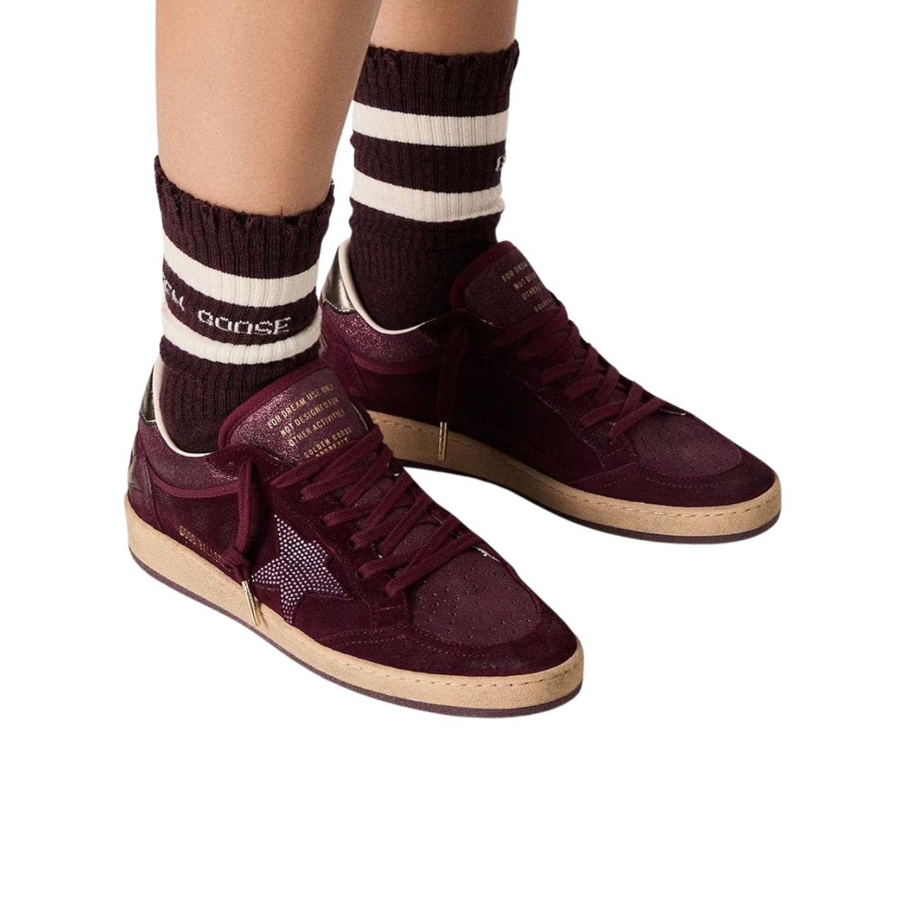 Golden Goose Ball Star in burgundy suede with crystal star and metallic leather heel tab(women)